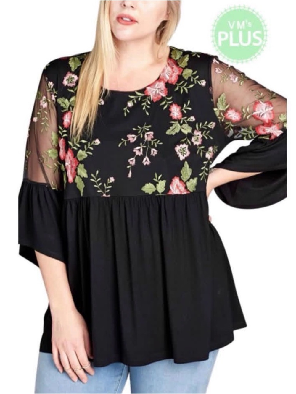 Plus Size Floral Embroidered Black Peasant Top